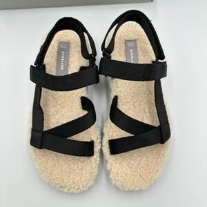 Everlane ReNew Sport Sandal Black Faux Shearling Teddy Strappy Women's Size 6
